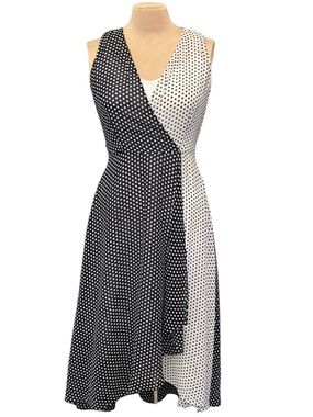 Calvin Klein Sleeveless Black&White Polka Dot Faux Wrap Dress w/Removeable Slip